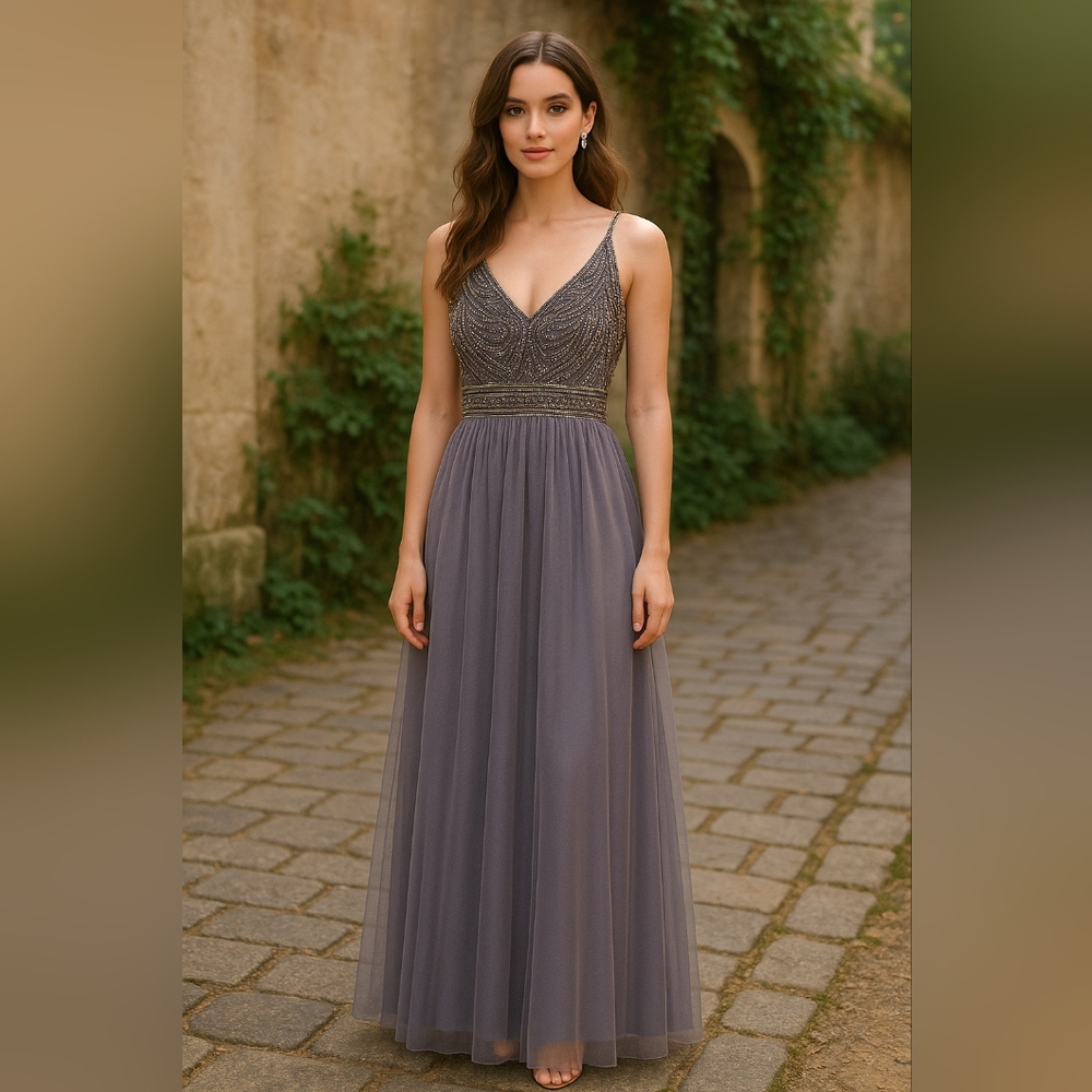 BHLDN Beaded Tulle Maxi Dress Gray US 8 Formal Evening Gown Wedding Guest